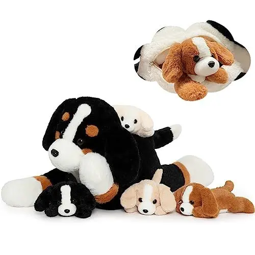 Produktbild: MorisMos Berner Sennenhund Kuscheltier XXL mit 4 Babys im Bauch, groß Hund Plüschtier Stofftier Kuscheltiere, riesen großes Hundkissen Spielzeug Geschenk