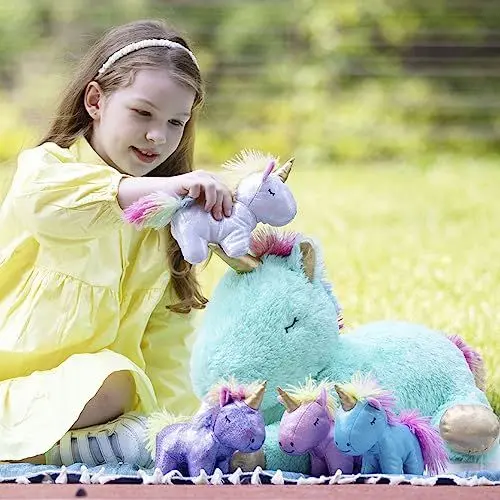 Produktbild: MorisMos Einhorn Kuscheltier groß, 55cm riesen Einhorn Mama mit Babys im Bauch, großes Plüschtier Stofftier mit Regenbogenschwanz als Geschenk(Grün)