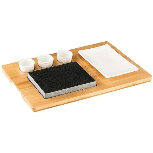 Produktbild: Morleos Heißer Stein-Grill Hot Stone Steak Granitstein SET (50x30x3 cm) | Heiße Steinplatte Grill Bambus Holzbrett Teller Schälchen weiß