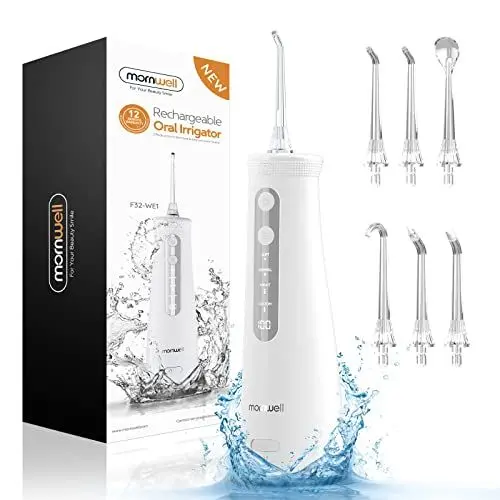 Produktbild: Mornwell Munddusche Kabello 260ml Wasser Flosser abnehmbarer Wassertank kabellose Wasser-Zahnseide mit LED-Display, 4 Druckstufen und 6 Düsenspitzen Munddusche Weiß