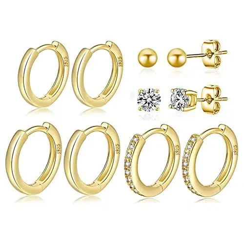 Produktbild: MOROTOLE 4 Paar kleine Creolen für Damen 925 Silber Post Huggie Set 18 Karat Gold/Silber Creolen Schläfer Ohrringe für Mädchen Mehrere Piercings Kleine Kugelohrstecker
