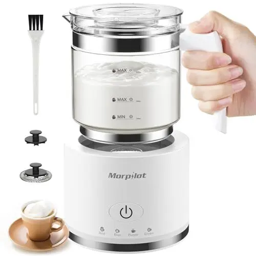 Produktbild: Morpilot Milchaufschäumer Elektrisch, 4 in 1 Milchschäumer für Heißer und Kalter, 600W 500ml, Abnehmbares Glasaufsatz, Latte-Design, Visuelles Glas, Spülmaschinengeeigneter Edelstahl, Weiß