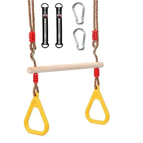 Produktbild: Morwealth Multifunktions Kinderholz Trapeze Schaukel mit Kunststoffringen Turnringe Ringe zum Aufhängen belastbar bis 120KG für Innen und Außenbereich (Gelb)
