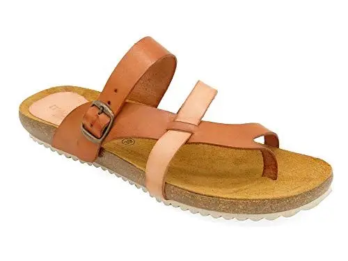Produktbild: Morxiva Damen Sandalen Leder Pantoletten Korksohle Echtleder Fußbett Zehentrenner Sandaletten Slip-On Hausschuhe flach offen Braun Größe 41 EU