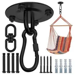 Produktbild: Morzejar Strapazierfähiger Deckenhaken 360° drehbar schwarz schwere Haken für 304 Edelstahl drehbare HängemattenhakenSchaukelhaken für Decke Holzveranda Fitnessstudio Yoga Aufhängungshaken