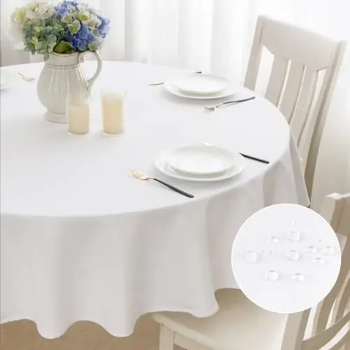 Produktbild: mosayt Tischdecke Abwaschbar Rund 120 cm Leinenoptik Tischtuch Lotuseffekt Leinendecke Weiß Fleckschutz Tischwäsche für Esszimmer, Garten, Hochzeiten, Outdoor