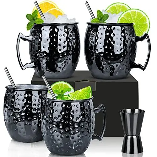 Produktbild: Moscow Mule Becher, Set 4er, Gunmetal schwarz 550ml, Moscow Mule Mug mit 4 Becher, 4 Trinkhalme, 1 Messbecher für Kaltes Getränk, Bier, Gin, Vodka, Cocktails und Wasser Genießen