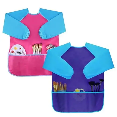 Produktbild: Moseem Malschürze Kinder 2 Stück, Malkittel Kinder Wasserdicht 3-8 Jahre Mädchen/Junge, Bastelschürze Kinder mit Ärmeln und 3 Taschen für Schule Kunst Malerei,Kochen,Essen,Laboraktivität(Blau + Rosa)