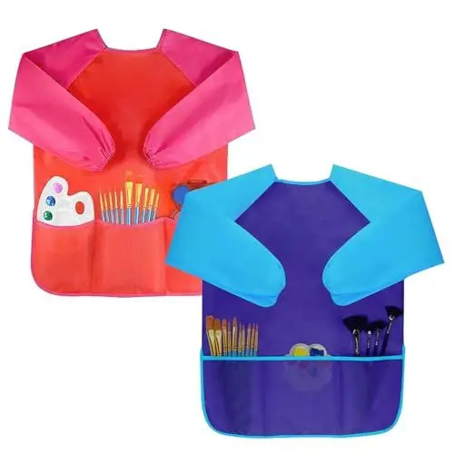 Produktbild: Moseem Malschürze Kinder 2 Stück, Malkittel Kinder Wasserdicht 3-8 Jahre Mädchen/Junge, Bastelschürze Kinder mit Ärmeln und 3 Taschen für Schule Kunst Malerei,Kochen,Essen,Laboraktivität(Blau & Rot)