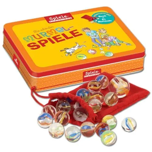 Produktbild: Moses 23405686 Die schönsten Murmelspiele im Set | Spiele-Klassiker in der Metalldose | Mit Buch und 21 Glasmurmeln im Säckchen: Spiele-Klassiker - bunte Glasmurmeln - Spielanleitungen
