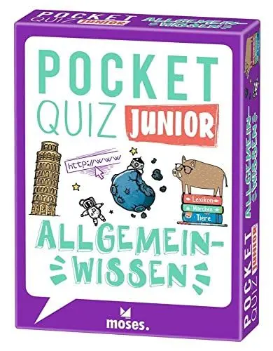 Produktbild: Moses. Pocket Quiz Junior - Allgemeinwissen, Das Kinderquiz mit 100 spannenden Fragen und Fakten zu den Themen Geografie, Geschichte und Sport, Für Kinder ab 8 Jahren