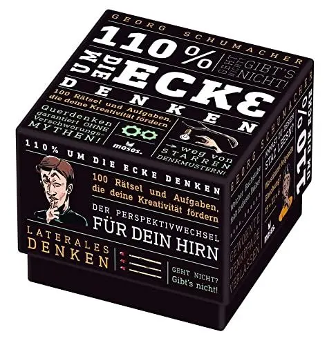 Produktbild: moses. 110% um die Ecke Denken – 100 abwechslungsreiche Aufgaben und Rätsel für kreative Denkanstöße von Georg Schumacher, inspirierende Rätselbox für Jugendliche ab 12 Jahren und Erwachsene
