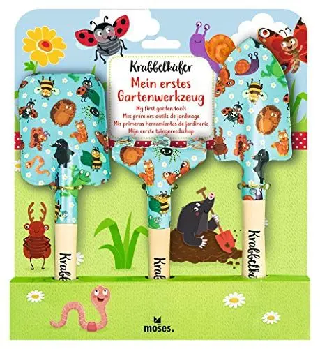 Produktbild: moses. 16142 Krabbelkäfer Mein erstes Gartenwerkzeug, 3-teiliges Garten-Set für Kinder, bestehend aus,Gartenschaufel, Handspaten und und Unkrautharke, bunt