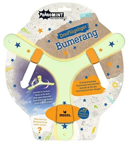 Produktbild: moses. 30320 PhänoMINT Bumerang, Wurfspiel für Kinder, Im Dunkeln leuchtender Boomerang, Dreiflügelig und mit spannenden Informationen, nachtleuchtend, 1 Stück (1er Pack)
