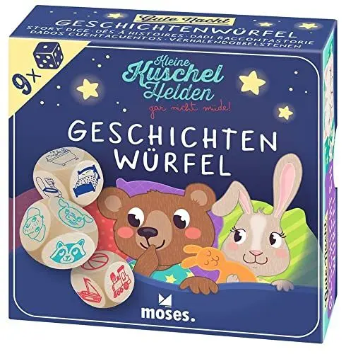 Produktbild: moses Geschichtenwürfel Kuschelhelden, 9 süße Erzählwürfel für Kinder, kreatives Würfelspiel für Gute-Nacht-Geschichten mit großen Holzwürfeln, Kinderspiel ab 4 Jahren