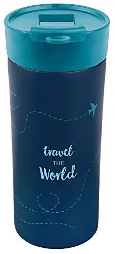 Produktbild: moses 82428 Praktischer Thermobecher für Kaffee & Tee To Go | Kaffeebecher mit Deckel für unterwegs | 450ml Fassungsvermögen | Fernweh Isolierbecher | In blau, 18/8 Edelstahl