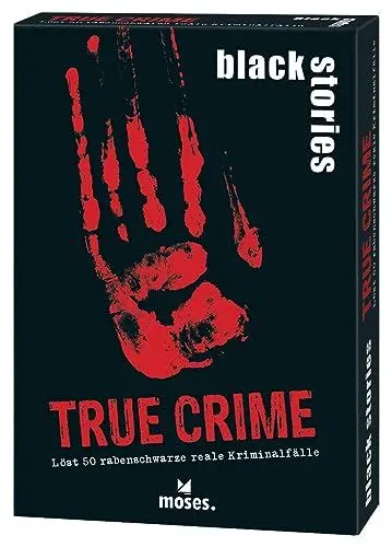 Produktbild: moses. Black Stories True Crime - 50 Rätsel rund um Reale Kriminalfälle, Krimi Kartenspiel mit Spielvariante und Punktechips, Rätselspiel für Jugendliche und Erwachsene