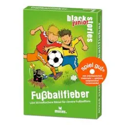 Produktbild: moses. Black Stories Junior Fußballfieber - 50 treffsichere Rätsel für clevere Fußballfans, Das Rätsel Kartenspiel Zwei Spielvarianten, Rätselspiel für Kinder ab 8 Jahren