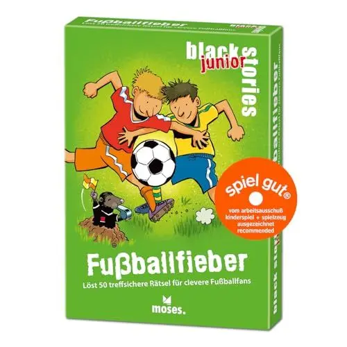 Produktbild: moses. Black Stories Junior Fußballfieber - 50 treffsichere Rätsel für clevere Fußballfans, Das Rätsel Kartenspiel Zwei Spielvarianten, Rätselspiel für Kinder ab 8 Jahren