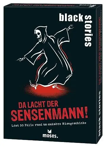 Produktbild: moses. Black Stories Da lacht der Sensenmann! - 50 Rätsel mit Fällen rund um makabre Missgeschicke, Krimi Kartenspiel mit Spielvariante und Punktechips, Rätselspiel für Jugendliche und Erwachsene