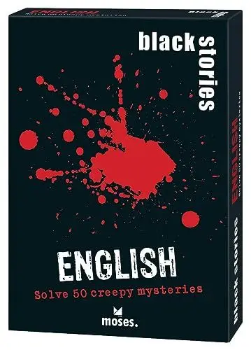 Produktbild: moses. Black Stories English - 50 Creepy Mysteries, Rätsel in englischer Sprache, Krimi Rätselspiel mit Spielvariante und Punktechips, Rätselspiel für Jugendliche und Erwachsene