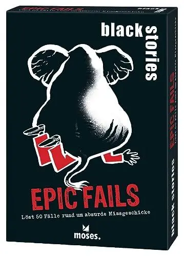 Produktbild: moses. Black Stories Epic Fails - 50 Rätsel mit realen Fällen rund um absurde Missgeschicke, Krimi Kartenspiel mit Spielvariante und Punktechips, Rätselspiel für Jugendliche und Erwachsene