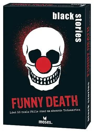 Produktbild: moses. Black Stories Funny Death - 50 Rätsel mit realen Fällen rund um absurde Todesarten, Krimi Kartenspiel mit Spielvariante und Punktechips, Rätselspiel für Jugendliche und Erwachsene