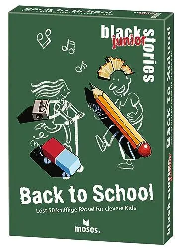 Produktbild: moses. Black Stories junior Back to School - 50 knifflige Rätsel für Schulkinder, Rätsel Kartenspiel mit Spielvariante und Punktechips, Rätselspiel für Kinder ab 8 Jahren