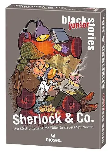 Produktbild: moses. Black Stories junior Sherlock & Co. - 50 Rätsel mit geheimen Fällen für kleine Detektive, Rätsel Kartenspiel mit Spielvariante und Punktechips, Rätselspiel für Kinder ab 8 Jahren