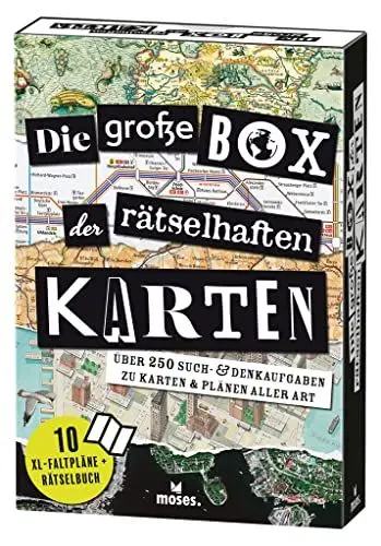 Produktbild: moses. Die große Box der rätselhaften Karten, Such- und Denksportaufgaben für Erwachsene auf 10 XL-Faltkarten, Rätselspaß mit 250 Aufgaben für Landkartenrätsel- und Geographie-Fans
