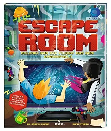 Produktbild: moses. Escape Room – Gelingt dir die Flucht aus dem Videospiel? | Ein Escape-Bastelabenteuer für alle Rätselfans | Escape-Game im Buchformat für Kinder ab 9 Jahren