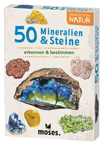 Produktbild: moses. Expedition Natur: 50 Mineralien und Steine, Edelsteine, Gold, Silber und Co. erkennen und bestimmen, Kartenset für Kinder ab 6 Jahren, mit spannenden Quizfragen, Mittel