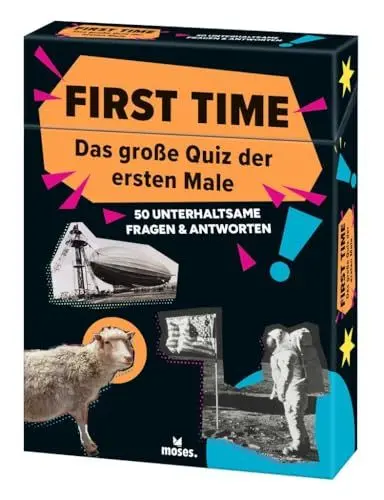 Produktbild: moses. First Time, Das große Quiz der ersten Male, Quizfragen zu Ereignissen, Erfindungen, Entdeckungen aus Wissenschaft, Sport, Politik, Unterhaltung: 50 unterhaltsame Fragen & Antworten