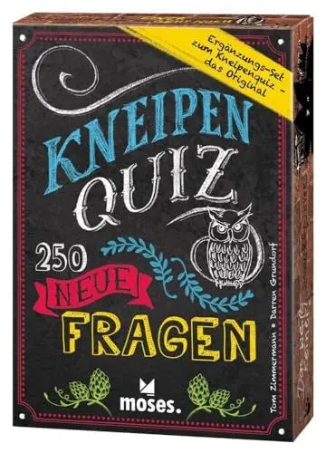 Produktbild: moses. Kneipenquiz – 250 neue Fragen, Pub-Quiz für einen geselligen Quizspiel-Abend, 1. Ergänzungsset mit 250 neuen Fragen, Gesellschaftsspiel für Erwachsene ab 16 Jahren