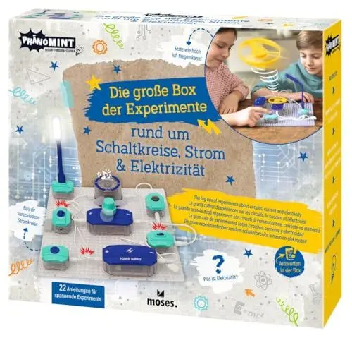 Produktbild: moses. PhänoMINT Die große Box der Experimente rund um Schaltkreise, Strom und Elektrizität, Elektroenergie Experimentierkasten für Kinder, DIY Stromkreislauf Bausatz, Lernspielzeug ab 8 Jahren