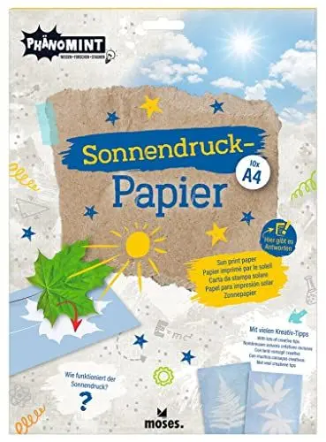 Produktbild: moses. PhänoMINT Sonnendruck-Papier A4, Experimentierspielzeug für Kinder, Bastelpapier zum Beobachten wissenschaftlicher Phänomene, 10 Papierblätter 21 x 29,7 cm zum Drucken verschiedener Objekte