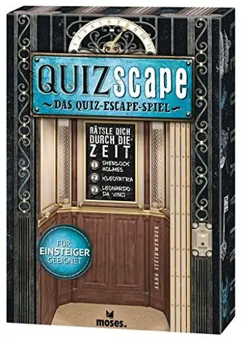 Produktbild: moses. QUIZscape – Das Quiz-Escape Spiel | Rätsle dich durch die Zeit l Das Escape-Game für Einsteiger l 3 spannende Zeitreise Stories für 2-5 Spieler ab 12 Jahren, Braun