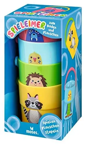 Produktbild: moses. Spieleimer Stapelset zum Baden und Planschen, Badewannenspielzeug, 4 Bunte Eimer mit Henkel und Lochmuster, Mini-Eimer zum Spielen im Wasser und Sand, 38151