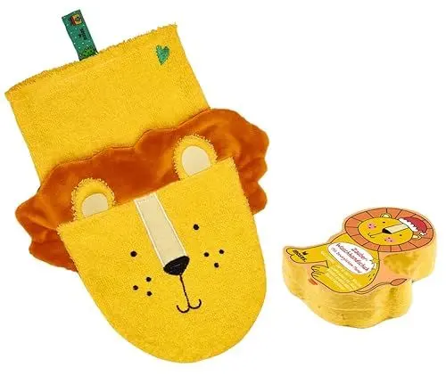 Produktbild: moses. Zauber-Waschhandschuh Löwe aus Baumwolle – Waschlappen in Tierform, Perfekt als Handpuppe für das Waschen und Baden, waschbar & mit Schlaufe, 15 cm x 26 cm