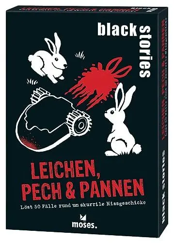 Produktbild: moses. black stories Leichen, Pech & Pannen - 50 Rätsel mit realen Fälle rund um skurrile Missgeschicke, Krimi Kartenspiel mit Spielvariante und Punktechips, Rätselspiel für Jugendliche und Erwachsene