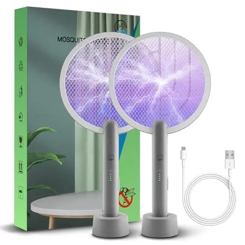 Produktbild: Mosiller 2 in 1 Elektrische Fliegenklatsche & 4000V Insektenvernichter mit Ladestation, Zweierpack 1800 mAh Insektenfliegenklatsche, Mückenklatsche und UV Lampe mit Sicherem Netz für Drinnen（Grau）