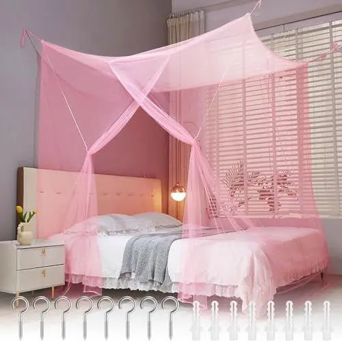 Produktbild: Moskitonetz Bett Reise,Moskitonetz Doppelbett und Einzel,Einzeltür Hängendes Bettnetz mit 8 Aufhängering Mückennetz Bett Vorhang,Betthimmel Feinmaschiges für Zuhause und Camping,Rosa 200x180x165 cm
