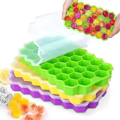 Produktbild: MOSOTECH Eiswürfelform Silikon, 3er Pack 37-Fach Eiswuerfel Form Mit Deckel, Stapelbar Eiswürfelbehälter Ice Cube Tray für Bier Cocktails Whisky