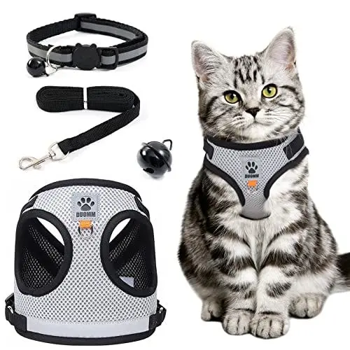 Produktbild: mostfun Reflektierend Katzen Geschirr Set mit Leine, Schwarz Katzengeschirr Ausbruchsicher Katzenleine, Geschirrset Enthalten Halsbänder und Brustgeschirr, LFA9099C003EU, S