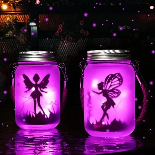 Produktbild: Schmetterlingsfee im Einmachglas, Mostof 2 Stück Hängend Solar Laterne Lichter für Außen, IP44 Wasserdicht Gartenleuchte für Drauße (Rosa)