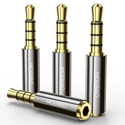Produktbild: MOSWAG 3,5 mm Stecker auf 2,5 mm Buchse Klinke Adapter, 3,5 mm Männlich auf 2,5 mm Weiblich Stereo Audiokonverter Metallgehäuse für Kopfhörer, Handy, Headset, Mikrofon, MP3, MP4 und mehr (4 Pack)