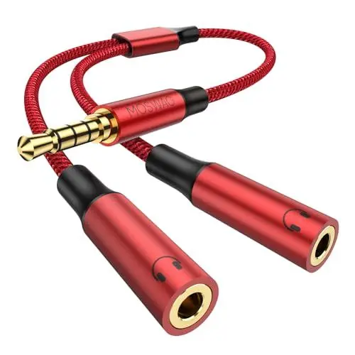 Produktbild: MOSWAG Kopfhörer Mikrofon Splitter, Headset Adapter 1 auf 2 Klinke, 3,5mm TRRS Männlich auf 2 x 3,5mm Weiblich Stecker Kopfhörer Mikrofon Stereo Audio Y Splitter Kabel Aux Verlängerung Adapter Kabel