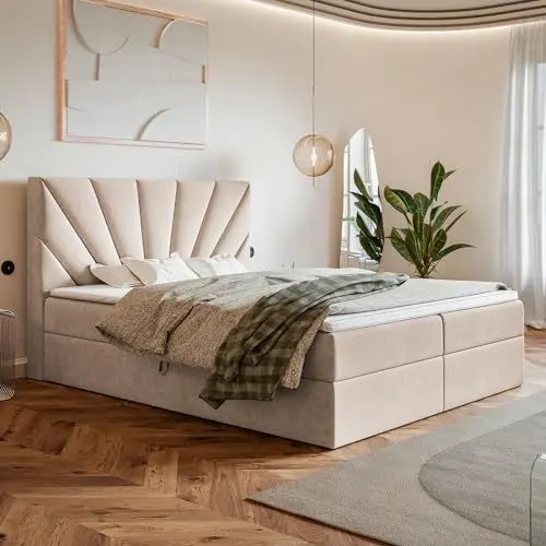 Produktbild: MOTIVENA Aspen Boxspringbett 160x200 mit Bettkasten und Topper, Polsterbett 160x200 mit Bettkasten, Taschenfederkern-Matratze (H3), Visco Memory-Foam Topper (H2), Samt, Beige (Creme)