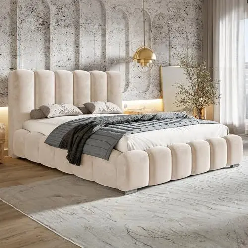 Produktbild: MOTIVENA Grand Bubble Bett 180x200, Polsterbett 180x200 Samt, mit Bettkasten, mit Stauraum, mit Lattenrost, mit Kopfteil, ohne Matratze, Beige Creme