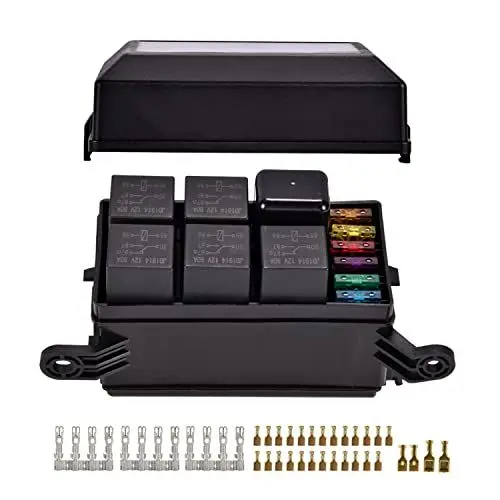 Produktbild: MOTOLIMO 12V-Stecker Relais Box Relaishalter,6-Wege Relais ATC/ATO Sicherungen Halter mit 41pcs Metallic Pins für Auto LKW Yacht Schiff Anhänger Camper Marine Boot